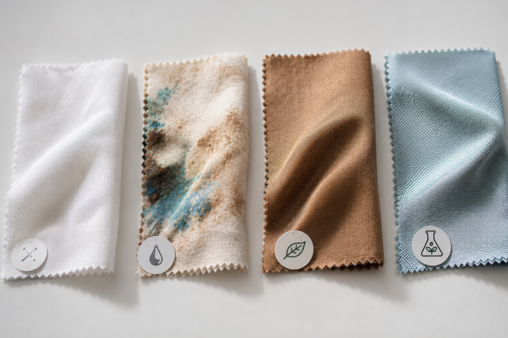 Comparison of conventional and sustainable fashion manufacturing India fabrics showing certifications and quality differences for ethical clothing production standards.