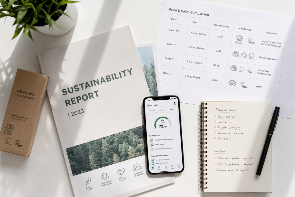Gen Z ethical buying behavior evaluation process showing research methods young consumers use to verify brand sustainability claims and certifications before purchasing.