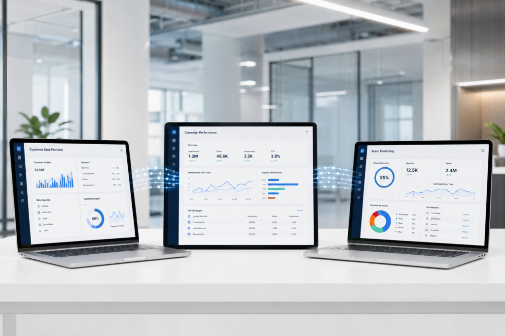 Multiple integrated AI brand management platforms and tools connected together showing synchronized data across marketing channels and customer systems.