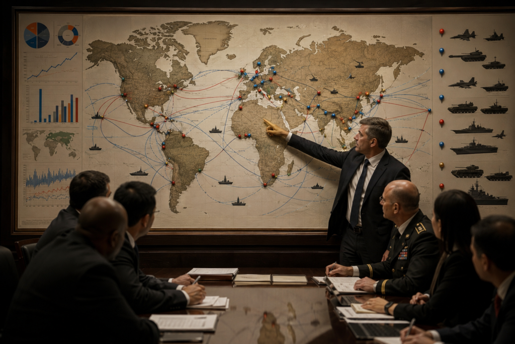 Global map showing economic power vs military power trade routes and influence zones