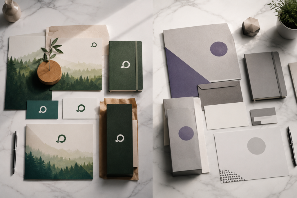 Side by side comparison of successful rebrand vs brand rebranding mistakes in visual identity design