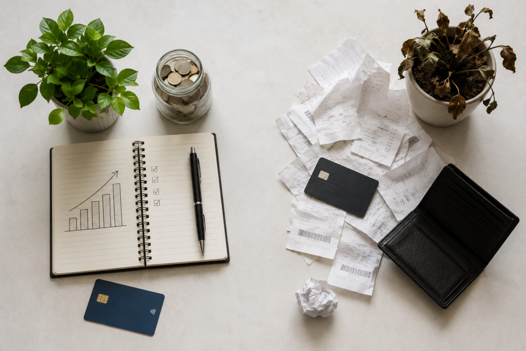 Visual comparison of good vs bad money habits in your 20s showing two different financial paths