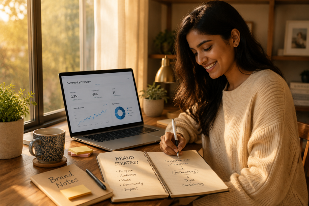 A marketer planning a community-driven brands strategy in a modern home office setting
