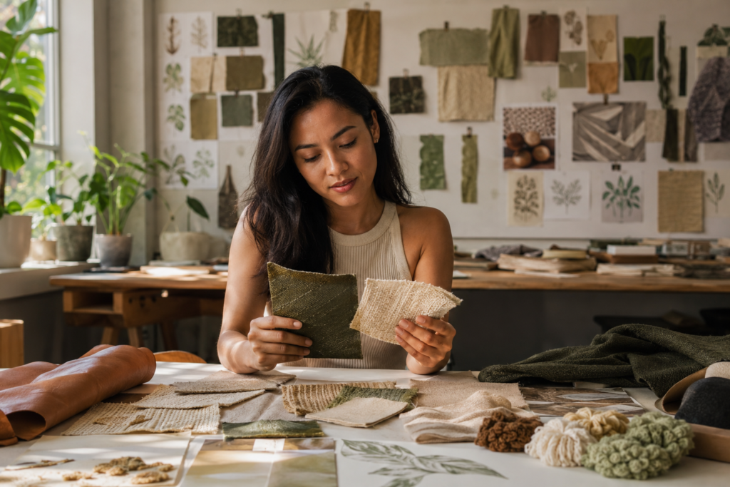Fashion designer comparing pineapple leather and banana fiber as part of exploring plant-based materials innovation