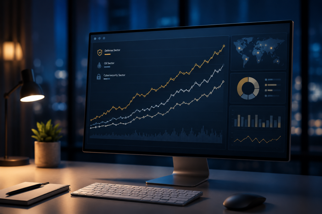 Multi-sector investment dashboard showing defense industry profiteering opportunities across defense, oil, and cybersecurity during geopolitical tensions