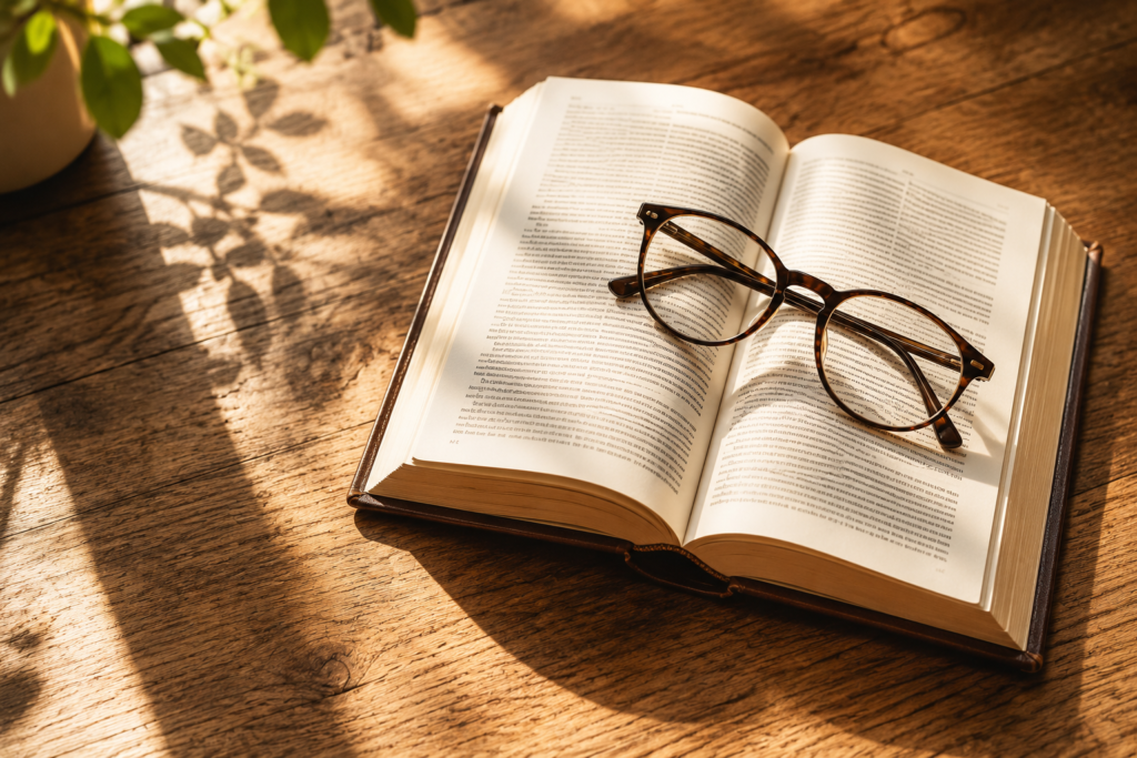 Open book with reading glasses symbolizing critical thinking against digital influence and politics
