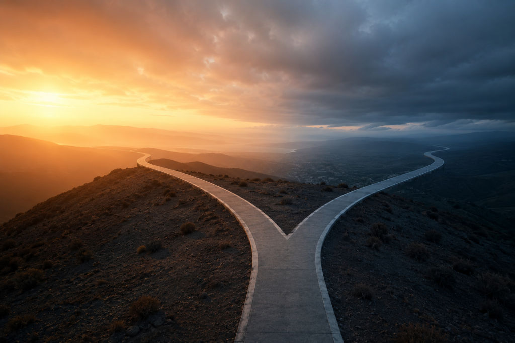 Diverging pathway representing future energy alternatives to OPEC oil control