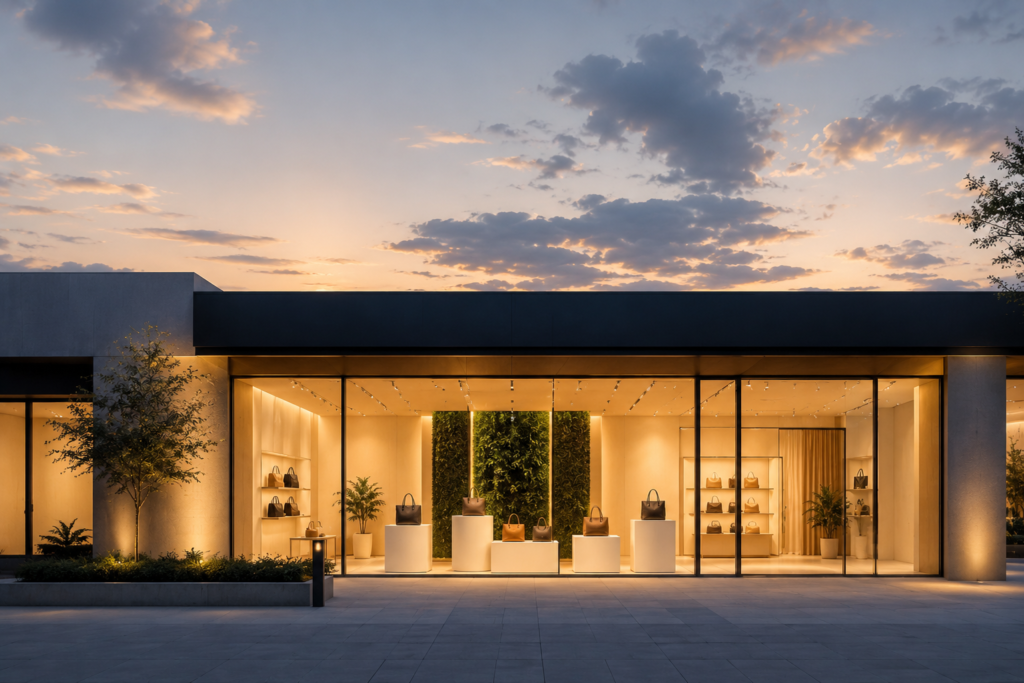 Modern luxury boutique featuring premium vegan fashion collections representing the future of ethical and sustainable luxury brands