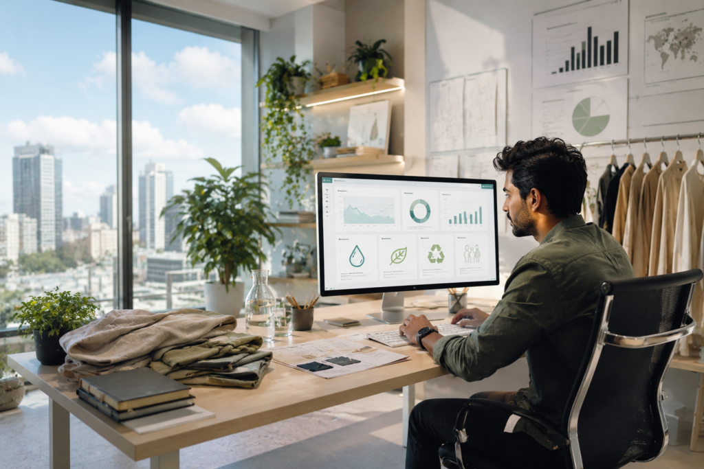Sustainable fashion manufacturing India business success metrics dashboard showing environmental impact tracking and sustainable growth monitoring for ethical startups.