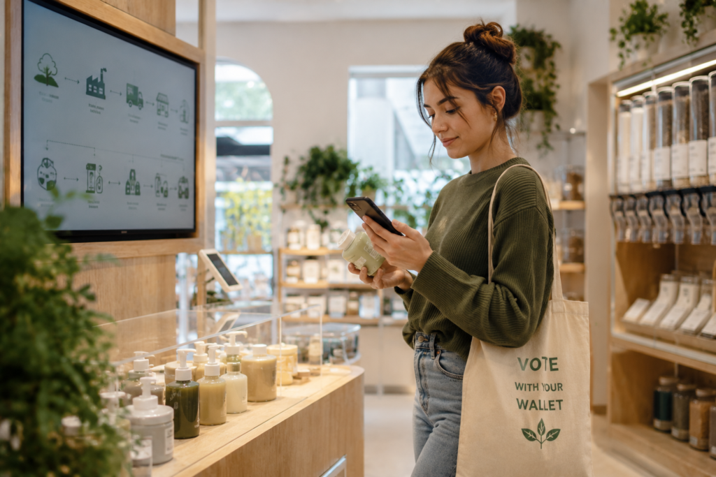 Gen Z ethical buying behavior future showing empowered young consumer making informed purchasing decisions through sustainable shopping practices and brand accountability.