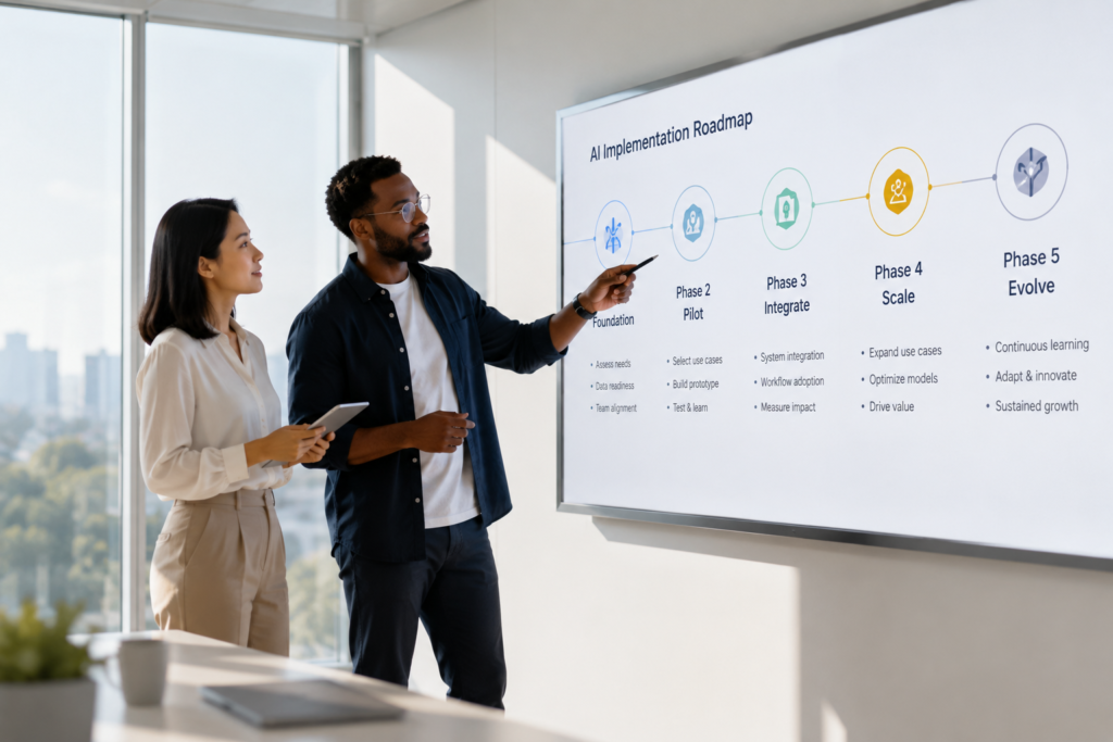 Marketing team collaborating on AI brand management strategy implementation roadmap and getting started process at a modern office workspace.