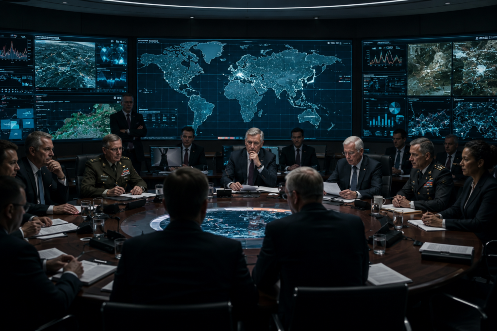 Government officials analyzing economic power vs military power strategy in a modern operations center
