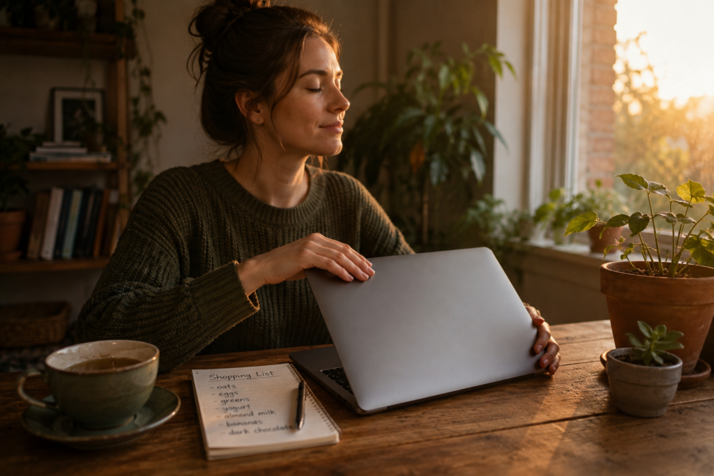 Cinematic 4K photo, a woman sitting at a wooden desk by a window, closing a laptop with a calm expression, a handwritten shopping list and a cup of tea nearby, warm golden hour light, relaxed mood, realistic skin texture, shallow depth of field.