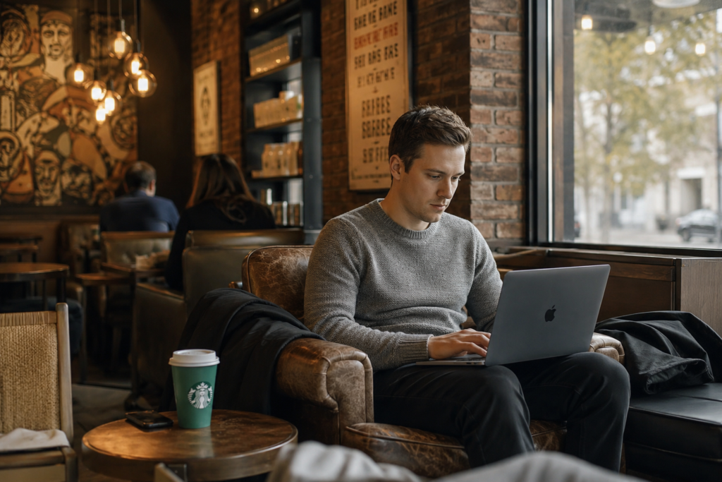 A customer using a laptop inside a Starbucks store illustrating the Starbucks third place strategy